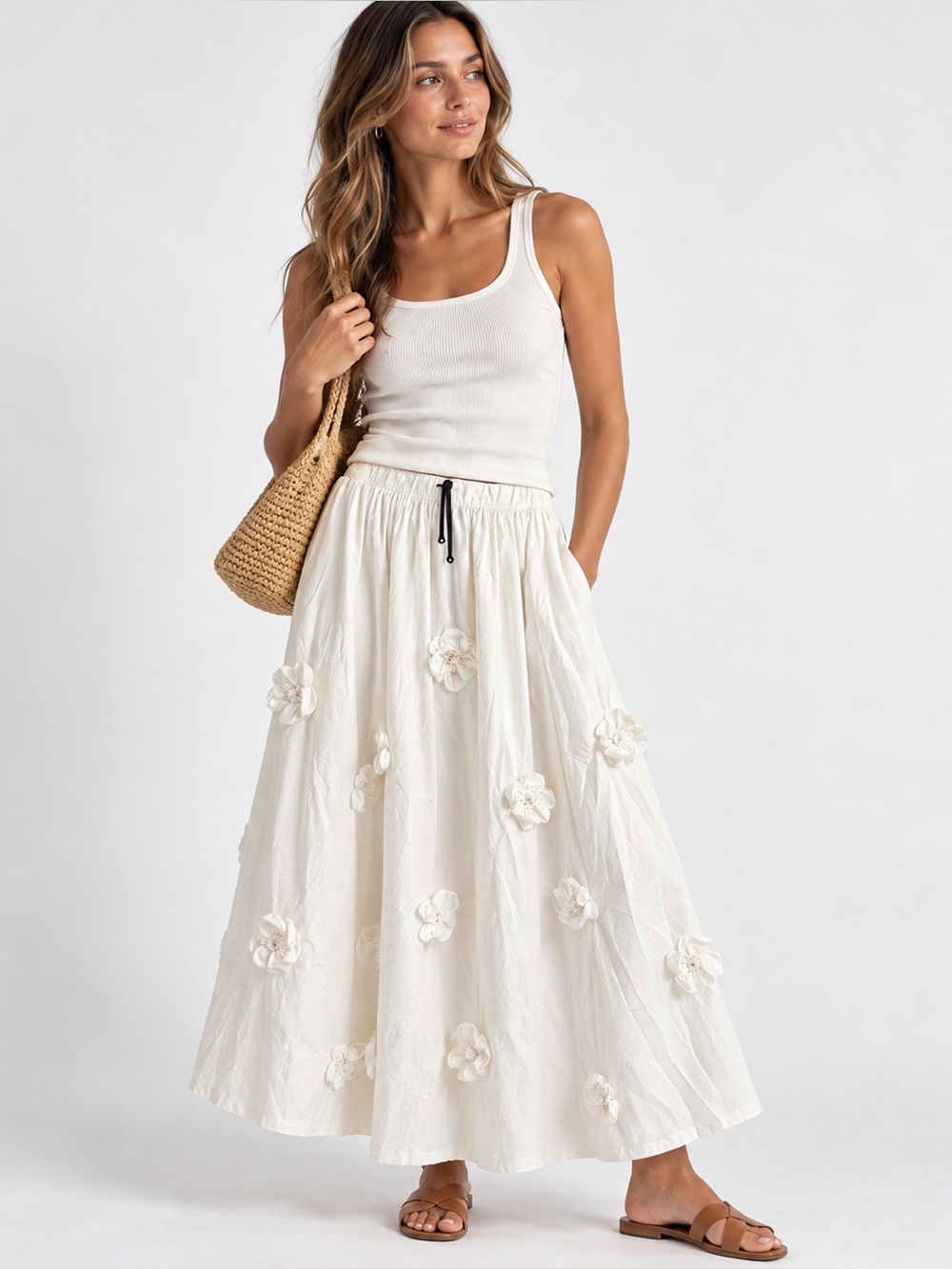 English Factory Ivory Floral Appliqué Full Midi Skirt